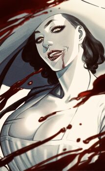 1girl alcina_dimitrescu black_eyeshadow black_hair blood blood_on_face breasts cleavage colored_skin commentary_request evil_smile eyeshadow film_grain hat highres huge_breasts licking_lips makeup mature_female red_lips resident_evil resident_evil_village smile solo tobo_katsuo tongue tongue_out upper_body white_hat white_skin yellow_eyes