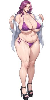 bare_shoulders bikini blouse bracelet breasts code_geass collarbone cornelia_li_britannia curvy high_heels highres huge_breasts jewelry legs_together long_hair mature_female nanabe_78 plump purple_bikini purple_eyes purple_hair purple_lips shirt simple_background stomach swimsuit thick_thighs thighs wet white_background