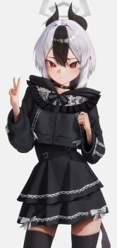 Rule 34 | 1girl, absurdres, alternate costume, black choker, black dress, black hair, black hoodie, black horns, black thighhighs, blue archive, choker, closed mouth, commentary, contrapposto, cowboy shot, cropped hoodie, demon horns, double-parted bangs, dress, ear piercing, english commentary, gothic lolita, grey hair, grey halo, hair between eyes, halo, heart, highres, hood, hoodie, horns, kayoko (blue archive), layered dress, light blush, lolita fashion, long sleeves, looking at viewer, multicolored hair, piercing, puffy long sleeves, puffy sleeves, red eyes, rifu002, simple background, solo, standing, thighhighs, two-tone hair, v, white background