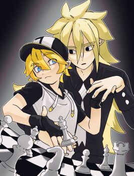 Rule 34 | 2boys, aotu world, baseball cap, bishop (chess), black eyes, black gloves, black hat, black shirt, blonde hair, blue eyes, board game, checkered floor, chess, chess piece, closed mouth, collared shirt, drawstring, fingerless gloves, g atppa, gloves, god of creation (aotu world), hair between eyes, hat, highres, holding, holding hands, hood, hood down, hoodie, hug, hug from behind, king (aotu world), king (chess), knight (chess), long hair, long sleeves, looking at another, male focus, multicolored hat, multicolored hoodie, multiple boys, necktie, parted lips, pointy ears, queen (chess), rook (chess), shirt, short hair, short sleeves, spiked hair, white hoodie, white necktie, yaoi