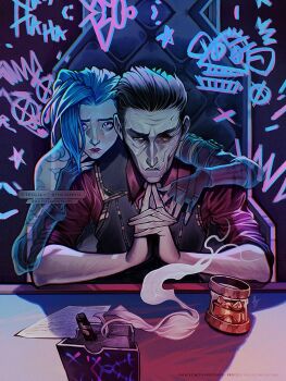 1boy 1girl arcane:_league_of_legends arcane_jinx arm_around_shoulder arm_tattoo ashtray asymmetrical_hair black_gloves black_hair black_vest blue_hair chair cigar collared_shirt cup desk fingerless_gloves furrowed_brow gloves graffiti hair_slicked_back hand_on_another&#039;s_shoulder heterochromia highres jinx_(league_of_legends) league_of_legends mature_male own_hands_clasped own_hands_together paper pink_eyes red_eyes red_shirt scar scar_on_face shirt short_hair sign silco_(arcane) sitting smoke spirit tattoo tholia_bentz twitter_username upper_body vest watermark web_address