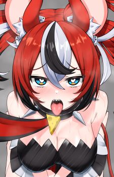 1girl absurdres animal_ear_fluff animal_ears armpit_crease black_bra black_hair black_streaks blue_eyes blush bra breasts breath bright_pupils choker cleavage dice dice_hair_ornament double-parted_bangs from_above hair_between_eyes hair_ornament hakos_baelz hakos_baelz_(1st_costume) heart heart-shaped_pupils highres hololive hololive_english kneeling large_breasts leash looking_at_viewer mouse_ears mouse_tail multicolored_hair multicolored_skirt nobarts paid_reward_available pleated_skirt pov red_hair saliva sharp_teeth skirt spiked_choker spikes steam sweat symbol-shaped_pupils tail teeth tongue tongue_out twintails underwear uneven_twintails viewer_holding_leash virtual_youtuber white_hair