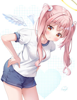 1girl angel angel_wings artist_name blue_shorts blush breasts brown_eyes closed_mouth commentary_request cowboy_shot detached_wings dot_nose double-parted_bangs gym_shirt gym_uniform halo highres leaning_forward long_hair looking_at_viewer original pink_hair shirt short_shorts short_sleeves shorts small_breasts solo standing sugutsuka_rerun traditional_halo twintails white_background white_shirt wings