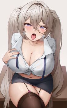 1girl absurdres black_garter_straps black_skirt breasts brown_background brown_hair bsmage cleavage commentary commentary_request garter_straps hair_between_eyes highres large_breasts long_hair monocle open_mouth original partially_unbuttoned purple_eyes saliva shirt sidelocks simple_background sitting skirt solo symbol-only_commentary teeth tongue tongue_out twintails unbuttoned unbuttoned_shirt upper_teeth_only very_long_hair white_shirt