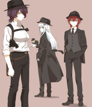 3girls absurdres alternate_costume ange_katrina animal belt bird bird_on_hand black_belt black_coat black_hat black_jacket black_necktie black_pants black_shoes black_suit blue_eyes blue_hair breasts brown_background brown_hair closed_mouth clothed_animal coat coat_on_shoulders collared_shirt colored_inner_hair commentary_request fedora formal_clothes grey_vest group_picture gun hair_ornament hand_in_pocket hand_up handgun hands_in_pockets hat highres holster holstered inui_toko jacket lapels lize_helesta long_bangs long_hair long_sidelocks looking_at_viewer looking_to_the_side medium_breasts medium_hair mihyaeeru monocle multicolored_hair multiple_girls necktie nijisanji notched_lapels open_clothes open_jacket pants profile purple_eyes red_hair sanbaka_(nijisanji) sebastian_piyodore shirt shirt_tucked_in shoes shoulder_holster sidelocks simple_background sleeves_rolled_up slit_pupils split_mouth standing suit two-tone_hair very_long_hair vest virtual_youtuber waistcoat weapon white_hair white_shirt wolf_cut yellow_eyes