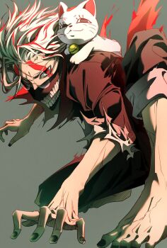 1boy animal animal_on_shoulder black_jacket black_nails black_pants cat cat_on_shoulder dandadan facial_mark furrowed_brow glasses grey_background highres jacket multicolored_hair nail_polish pants pants_rolled_up parted_bangs red_eyes red_hair round_eyewear short_hair streaked_hair takakura_ken_(dandadan) takakura_ken_(transformed)_(dandadan) teeth to_mato_su toenail_polish toenails torn_clothes torn_sleeves turbo_granny_(dandadan) white_hair