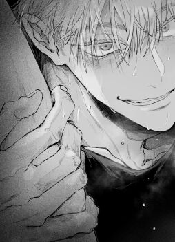 Rule 34 | 2boys, blush, closed mouth, commentary request, gojou satoru, greyscale, highres, holding another's leg, itadori yuuji, jujutsu kaisen, leg up, male focus, monochrome, multiple boys, nay bb, short hair, sideburns, smirk, sweat, teeth, yaoi