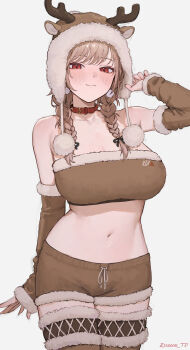 1girl absurdres alternate_costume blush breasts brown_hair brown_shorts brown_sleeves brown_tube_top commentary_request deer_hood detached_sleeves fake_antlers fur-trimmed_tube_top fur_trim furen_e_lustario highres large_breasts long_hair looking_at_viewer nijisanji red_eyes short_shorts shorts simple_background smile solo sooon standing strapless tube_top very_long_hair virtual_youtuber white_background