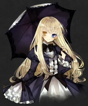 1girl blonde_hair blue_eyes commentary_request dress heterochromia highres holding holding_umbrella long_hair looking_at_viewer mary_clarissa_christie shikkoku_no_sharnoth smile solo steampunk_(liarsoft) sumisu_(rinsumi) umbrella yellow_eyes