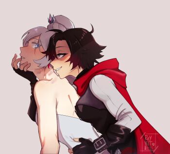 2girls ahoge bare_arms bare_shoulders belt_buckle bite_mark biting biting_own_lip blue_eyes blush braid braided_ponytail breast_press bruise buckle cape cloak corset dress earrings eyelashes finger_sucking finger_to_another's_mouth finger_to_mouth gem gloves hand_on_another's_stomach highres injury jewelry long_hair looking_back multiple_girls neck_biting red_gemstone red_hair rey_yeet ruby_rose rwby saliva scar scar_across_eye scar_on_face sexually_suggestive short_hair weiss_schnee white_background white_hair yuri