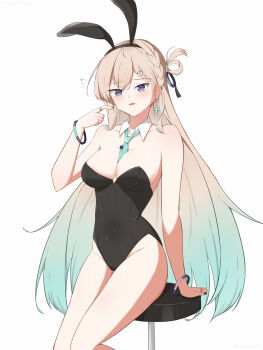 1girl absurdres animal_ears aqua_necktie black_leotard black_nails blonde_hair blush braid braided_bangs commentary_request earrings fake_animal_ears hair_between_eyes hair_ornament harusame0305 highres jewelry leotard lynae_(wuthering_waves) multicolored_hair necktie playboy_bunny rabbit_ears skull_hair_ornament star_(symbol) star_earrings strapless strapless_leotard wuthering_waves