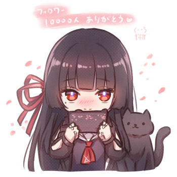 1girl arm_cutout black_hair black_hat black_jacket black_shirt chibi chibi_only chisa_(wuthering_waves) closed_mouth clothing_cutout commentary_request dobu_jelly hair_ribbon hat highres holding jacket long_hair long_sleeves looking_at_viewer mole mole_under_eye neckerchief red_eyes red_neckerchief red_ribbon ribbon shirt smile solo straight-on translation_request upper_body wuthering_waves