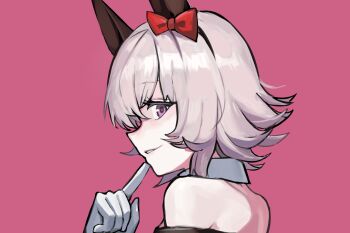 Rule 34 | 1girl, animal ears, bare shoulders, black hairband, bow, curren chan (umamusume), ear bow, finger to own chin, grey hair, hair between eyes, hairband, hand up, horse ears, horse girl, index finger raised, looking at viewer, parted lips, pink eyes, red bow, short hair, smile, solo, solokitsune, umamusume