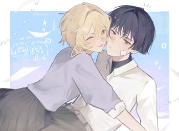 1boy 1girl :p alternate_costume belt black_hair black_shirt black_skirt blonde_hair blunt_ends border casual cheek-to-cheek cheek_press closed_mouth collared_shirt commentary contemporary couple eyelashes gauze gauze_on_cheek genshin_impact girl_on_top grey_pants grey_shirt grey_sleeves hair_between_eyes hair_intakes heads_together heart hetero highres koyaaya light_blush long_sleeves looking_at_viewer lumine_(genshin_impact) notice_lines one_eye_closed pants pleated_skirt purple_eyes scaramouche_(genshin_impact) shirt short_hair short_hair_with_long_locks sidelocks simple_background skirt symbol-only_commentary three-quarter_sleeves tongue tongue_out tsurime twitter_username undershirt white_belt white_border white_shirt white_sleeves wispy_bangs
