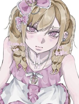 Rule 34 | 1girl, aegyo sal, blonde hair, bow, caru c1, closed mouth, commentary, crown necklace, dress, ear piercing, eyebrow piercing, face piercing, gyaru, hair bow, highres, hime gyaru, jewelry, leaning forward, looking at viewer, necklace, original, pearl necklace, pendant, piercing, pink bow, pink dress, pink eyes, polka dot, polka dot bow, simple background, sleeveless, sleeveless dress, solo, symbol-only commentary, twintails, white background