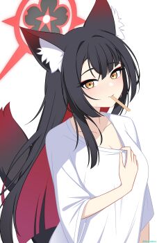 1girl absurdres animal_ear_fluff animal_ears black_hair blue_archive blush breasts collar_tug fang fang_out fox_ears fox_girl fox_tail halo highres long_hair looking_at_viewer medium_breasts mouth_hold popsicle_stick red_hair shirt simple_background siranui_desu skin_fang smile sweat tail wakamo_(blue_archive) white_background white_shirt yellow_eyes