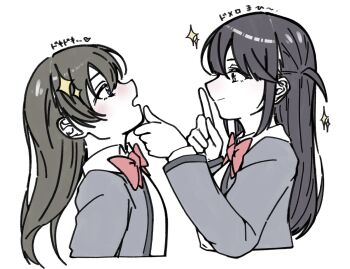 2girls arm_at_side black_hair blue_eyes blush bow bowtie closed_mouth collared_shirt commentary_request cropped_torso daua_history eye_contact finger_to_mouth from_side grabbing_another&#039;s_chin grey_jacket hair_between_eyes hair_ornament hairclip hand_on_another&#039;s_chin hand_up heart highres jacket kagura_hikari long_hair long_sleeves looking_at_another multiple_girls nose_blush one_side_up open_clothes open_jacket open_mouth profile purple_eyes red_bow red_bowtie school_uniform seishou_music_academy_uniform shirt shoujo_kageki_revue_starlight shushing smile sparkle sparkle_hair_ornament spoken_heart translation_request tsuyuzaki_mahiru upper_body white_shirt yuri