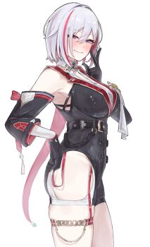 1girl armpits bare_shoulders belt belt_buckle black_belt black_gloves black_unitard blue_eyes blush breasts buckle buttons chain closed_mouth clothing_cutout collared_shirt covered_navel detached_sleeves diamond_(shape) gloves grey_hair hair_between_eyes highres honkai:_star_rail honkai_(series) large_breasts looking_at_viewer medal medium_hair multicolored_hair red_hair sanshoku_dango_(shukosuko) shirt simple_background skindentation sleeveless sleeveless_shirt smile solo streaked_hair thigh_strap thighs topaz_(honkai:_star_rail) unitard white_background white_shirt wing_collar