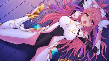 1futa :o blush bodysuit breasts brown_eyes bulge en_ciel_rena en_ciel_rena_(aegis) from_above futanari game_cg gloves hair_ribbon high_heels kourin_tenshi_en_ciel_rena large_breasts large_variant_set long_hair looking_at_viewer lying magical_girl non-web_source official_art on_back open_mouth orange_eyes pink_bodysuit pink_hair ribbon saitou_natsuki skin_tight solo spread_legs suhamaya tomoe_rena variant_set white_bodysuit