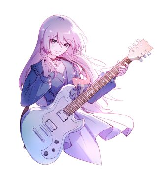 1girl bang_dream! bang_dream!_it&#039;s_mygo!!!!! black_choker blue_jacket chihaya_anon choker collarbone electric_guitar grey_eyes guitar guitar_strap hair_between_eyes hibioes highres holding holding_guitar holding_instrument instrument jacket jewelry long_hair long_sleeves mouth_hold necklace pink_hair plectrum plectrum_in_mouth simple_background skirt solo white_background white_skirt