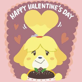 1girl :> animal_crossing bell black_eyes blush_stickers cake chocolate chocolate_cake closed_mouth commentary_request dog dog_girl english_text facing_viewer floppy_ears food furry furry_female hair_bell hair_ornament hair_tie half_updo happy_valentine heart heart-shaped_bell heart-shaped_hair holding holding_plate isabelle_(animal_crossing) jacket leaf long_sleeves looking_at_viewer motion_lines nintendo no_lineart official_art pink_background plate second-party_source shih_tzu solo sweater sweater_jacket topknot upper_body yellow_fur yellow_jacket yellow_sleeves yellow_sweater