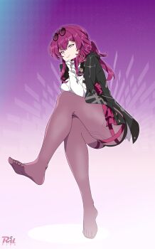 1girl absurdres crossed_legs feet highres honkai:_star_rail honkai_(series) kafka_(honkai:_star_rail) long_hair looking_at_viewer pantyhose pink_eyes r3dfive red_hair soles sunglasses_on_head toes