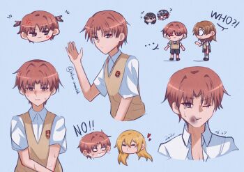 Rule 34 | 1boy, 4girls, ?, absurdres, anger vein, black hair, blonde hair, blowing kiss, blush, brown eyes, brown hair, brown sweater vest, bruise, bruise on face, collared shirt, commentary, embarrassed, genderswap, genderswap (ftm), grey shorts, grey skirt, highres, injury, mikan cavendish, misaka mikoto, multiple girls, multiple views, saten ruiko, school emblem, school uniform, shirai kuroko, shirt, shokuhou misaki, short hair, short sleeves, short twintails, shorts, simple background, skirt, summer uniform, sweater vest, untranslatable commentary, toaru kagaku no railgun, toaru majutsu no index, tokiwadai school uniform, twintails, twitter username, uiharu kazari, v-neck, white shirt