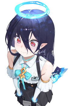 Rule 34 | 1girl, @ @, bare shoulders, black gloves, black hair, black skirt, blue bow, blush, bow, closed mouth, collared shirt, detached sleeves, dress shirt, gloves, hair between eyes, hair ornament, hairclip, halo, high-waist skirt, highres, holding, long hair, long sleeves, mole, mole under eye, original, pleated skirt, pointy ears, raimti, red eyes, shirt, simple background, skirt, sleeveless, sleeveless shirt, solo, suspender skirt, suspenders, sweat, white background, white shirt, white sleeves, x hair ornament