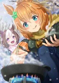 2girls animal_ears blue_eyes blue_jacket blue_pants blush bow brown_hair camping closed_mouth commentary_request cooking ear_bow fire green_jacket hair_between_eyes hair_ornament highres holding horse_ears horse_girl jacket long_hair long_sleeves multicolored_hair multiple_girls open_mouth otono_(bkt4b) pants pink_scarf ponytail portable_stove purple_eyes scarf short_hair smile special_week_(umamusume) star_(symbol) star_hair_ornament stove taiki_shuttle_(umamusume) tongue tongue_out two-tone_hair umamusume white_hair yellow_scarf