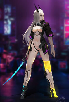 breasts cybernetics cyberpunk cyborg high_heels highres horns jacket lize_cai navel open_clothes open_jacket revealing_clothes sword weapon white_hair
