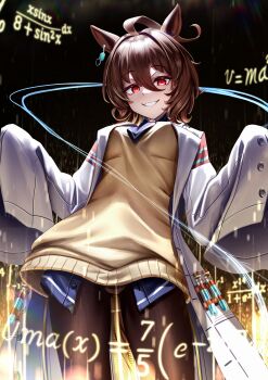 1girl absurdres agnes_tachyon_(tach-nology)_(umamusume) agnes_tachyon_(umamusume) ahoge animal_ears bandolier belt black_pantyhose black_shirt brown_hair calculus chemical_structure commentary_request corked_bottle cowboy_shot dark_background earrings equation eye_trail grin hair_between_eyes highres horse_ears horse_girl jewelry lab_coat light_trail long_sleeves looking_at_viewer manjo_(warito) math pantyhose physics red_eyes shirt short_hair single_earring sleeves_past_fingers sleeves_past_wrists smile solo teeth test_tube umamusume