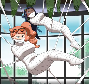 arms_behind_back bdsm blindfold bondage bound bound_arms bound_legs gag gagged highres imbsengirl mummification_(bound) nessa_(pokemon) nintendo one_eye_closed pokemon pokemon_(creature) restrained shibari silk sonia_(pokemon) spider_web