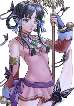 Rule 34 | ace attorney, black hair, bracelet, bug, butterfly, commentary request, covered navel, detached sleeves, dress, facial mark, forehead mark, gloves, green eyes, hair over breasts, highres, holding, holding staff, insect, jewelry, looking at viewer, magatama, magatama necklace, necklace, phoenix wright: ace attorney - spirit of justice, pink dress, rayfa padma khura'in, shiro4427, short dress, staff, tiara