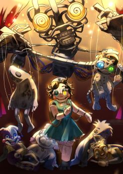 animatronic black_hair blue_dress blue_eyes cable commentary commentary_request dress english_commentary five_nights_at_freddy&#039;s five_nights_at_freddy&#039;s:_secret_of_the_mimic green_eyes hat heterochromia highres manon0127 marionette mascot_costume mixed-language_commentary nurse_cap nurse_dollie puppet puppet_strings robot short_hair smile the_mimic_(fnaf) tiger_rock_(fnaf) yellow_eyes