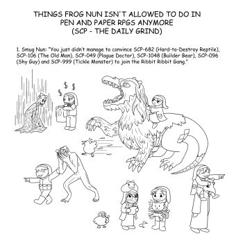 6+girls animal_hands arturo_reyes bear bear_paws bird blob claws clipboard closed_mouth clothes clumsy_nun_(diva) comic_sans cookie doctor dollar_sign duck english_text feathers food formal_clothes frog_headband frog_on_head froggy_nun_(diva) glasses glasses_nun_(diva) group_picture habit helmet highres holding holding_clipboard hungry_nun_(diva) lab_coat legs little_nuns_(diva) monster multiple_girls non-web_source nun outline plague_doctor plague_doctor_mask pointing pointing_forward reptile riding running scales scared scp-049 scp-096 scp-1048 scp-106 scp-682 scp-999 scp_foundation sharp_teeth sheep_nun_(diva) shirt shoes short_hair sitting_on_shoulder smile spicy_nun_(diva) stuffed_animal stuffed_toy suit t-shirt tail teddy_bear teeth torso traditional_nun
