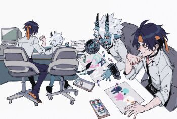 1boy 1girl asaba_harumasa black_choker black_footwear black_necktie black_pants blue_horns blue_oni blue_skin blue_tail chair child's_drawing choker collared_shirt colored_skin computer crayon cuffs drawing_(object) earrings hair_between_horns headband holding holding_crayon horns jewelry long_sleeves multicolored_horns necktie office_chair offnanoda oni pants paper paper_stack pointy_ears red_eyes shackles shirt sitting skin-covered_horns skin-covered_tail sleeves_rolled_up soukaku_(zenless_zone_zero) swivel_chair two-tone_horns two-tone_tail white_background white_shirt yellow_eyes yellow_headband zenless_zone_zero