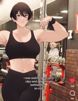 Rule 34 | !, !!, 2girls, abs, annie leonhart, bare shoulders, black bra, black hair, black pants, blonde hair, blue eyes, blush, bra, breasts, brick wall, cleavage, closed mouth, commentary, cow, derivative work, facial scar, fitness gym, flexing, grey eyes, hair between eyes, hair bun, hanpetos, hood, hood down, hoodie, i was watching my gym clips and saw this girl behind me (meme), large breasts, looking at another, meme, midriff, mikasa ackerman, mirror, multiple girls, muscular, muscular female, navel, open mouth, pants, parted bangs, photo background, scar, scar on cheek, scar on face, shingeki no kyojin, short hair, social media composition, sports bra, sweat, underwear, untranslatable commentary, updo, weights, white hoodie, workout clothes, wristband