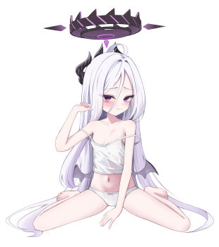absurdres ahoge barefoot blue_archive breasts commentary_request demon_girl demon_horns demon_wings drawppyo halo highres hina_(blue_archive) horns long_hair looking_at_viewer low_wings navel panties purple_eyes purple_halo simple_background sitting small_breasts underwear very_long_hair white_background white_hair white_panties wings