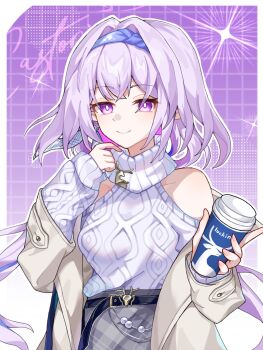 1girl aran_sweater artist_name bare_shoulders belt blue_hairband bright_pupils cable_knit castorice_(honkai:_star_rail) castorice_(luckin_coffee)_(honkai:_star_rail) chinese_commentary closed_mouth clothing_cutout coat commentary_request cup disposable_coffee_cup disposable_cup earrings hairband highres holding holding_cup honkai:_star_rail honkai_(series) jewelry long_sleeves looking_at_viewer multicolored_hair off_shoulder open_clothes pink_eyes pointy_ears purple_eyes purple_hair short_hair shoulder_cutout skirt smile solo sweater turtleneck turtleneck_sweater white_pupils white_sweater xiabunian