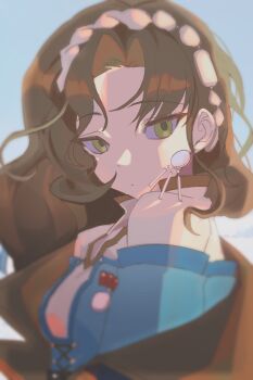 1girl absurdres black_hair blue_background blue_jacket brown_coat closed_mouth coat dot_mouth from_side gamssakgi green_eyes hair_ornament highres jacket long_hair looking_at_viewer moldir_(reverse:1999) reverse:1999 shirt solo upper_body white_shirt