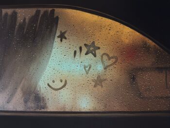 car_interior commentary condensation english_commentary glass_writing heart highres no_humans oil_painting_(medium) original painting_(medium) realistic rionabuthello smiley_face star_(symbol) traditional_media window window_fog