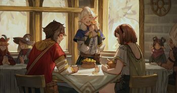 2boys 5girls :d asimov_(spindle_(aidenr0)) bag bare_back bare_shoulders belt belt_pouch black_dress black_hairband black_hat black_pants black_shorts black_skirt blonde_hair blue_capelet bob_cut bone bracer breasts brick_wall brown_belt brown_hair cape capelet chair character_request cleavage closed_mouth coin commentary crop_top cup day dress drink drinking_glass droopy_ears eating elf english_commentary food food_in_mouth glaring gold gold_coin gold_trim green_cape green_dress hair_bun hair_rings hairband half-closed_eyes hands_up happy hat hat_feather holding holding_bag holding_cup holding_drink indoors jealous layered_sleeves long_sleeves looking_down medium_breasts medium_hair midriff money multiple_boys multiple_girls on_chair open_mouth original ottilie_(spindle_(aidenr0)) pants parted_bangs people pointy_ears pouch purple_scarf raised_eyebrows red_hat red_shirt restaurant round_teeth sack scarf shirt short_hair shorts single_hair_bun sitting skirt sleeveless sleeveless_shirt smile spiked_hair spindle_(aidenr0) standing stone_wall tablecloth teeth tunic turkey_(food) unamused upper_body upper_teeth_only white_hair white_shirt window witch_hat