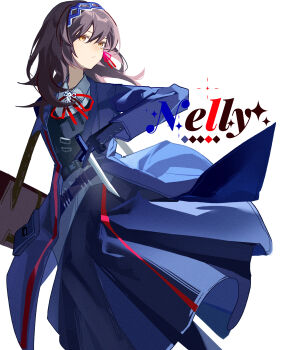 1girl bag belt black_hair blue_coat blue_gloves blue_hairband blue_pants character_name closed_mouth coat dagger eyelashes gloves hairband hashtag-only_commentary highres holding holding_bag holding_dagger holding_knife holding_weapon knife lcb_ssk limbus_company long_hair nelly_(project_moon) pants project_moon red_ribbon red_trim ribbon simple_background solo sparkle spoilers standing weapon white_background yellow_eyes