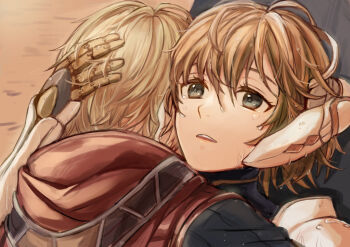 1boy 1girl blonde_hair crying crying_with_eyes_open cyborg day fiora_(xenoblade) fuwamoko_momen_toufu green_eyes hetero highres hood hood_down hug joints mecha-fiora robot_joints short_hair shulk_(xenoblade) spoilers tears upper_body xenoblade_chronicles_1 xenoblade_chronicles_(series)