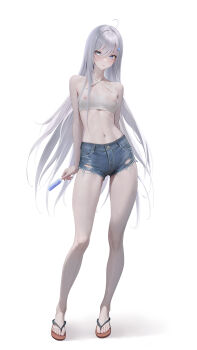 1girl absurdres arm_behind_back blue_eyes blue_shorts breasts cleavage closed_mouth covered_erect_nipples crop_top denim denim_shorts expressionless flip-flops food full_body highres holding holding_food holding_popsicle long_hair looking_at_viewer midriff navel nipples no_bra nyarko popsicle sandals shibou_yuugi_de_meshi_wo_kuu. shirt short_shorts shorts simple_background small_breasts solo stomach sweat very_long_hair wet wet_clothes wet_shirt white_background white_hair white_shirt yuuki_(shibou_yuugi)