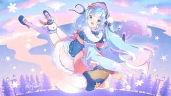 1girl aqua_hair blue_bonnet blue_eyes blue_gloves blue_shoes bonnet bow commentary_request cool_colored curly_hair dress footwear_bow full_body fur-trimmed_sleeves fur_trim giant_brush gloves gradient_legwear hair_between_eyes hair_bow hair_ornament half_gloves hatsune_miku highres holding holding_brush holding_paintbrush japanese_clothes kimono layered_dress long_hair long_sleeves looking_at_viewer looking_back multicolored_hair official_alternate_costume official_alternate_hairstyle open_mouth paintbrush pink_bow pink_hair pink_thighhighs pom_pom_(clothes) pom_pom_hair_ornament rabbit rabbit_yukine sa-fu_(sfmk39) shoes short_dress short_kimono smile snowflake_print snowflakes solo streaked_hair thighhighs twintails two-tone_hair very_long_hair vocaloid wide_sleeves yuki_miku yuki_miku_(2023) zettai_ryouiki