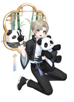 1boy :d absurdres animal animal_hug bamboo belt black_belt black_gloves black_jacket black_pants black_shoes bracelet closers full_body gloves green_eyes grey_hair hand_up highres holding holding_animal jacket jewelry kneeling lattice looking_at_viewer male_focus mandarin_collar mistilteinn_(closers) official_art open_clothes open_jacket open_mouth panda pants shirt shirt_tucked_in shoes short_hair smile solo teeth tongue upper_teeth_only w white_background white_shirt wide_sleeves window