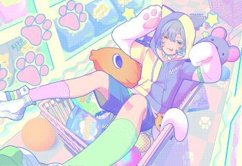 1boy :3 :p animal_ears animal_hands blue_eyes blue_shorts cat_boy cat_ears cat_tail closed_mouth colored_eyelashes commentary ear_covers elbow_gloves full_body gloves green_socks grey_hair grey_hoodie hair_between_eyes half-closed_eyes happy heterochromia highres hood hood_up hoodie indoors kneehighs looking_at_viewer male_focus mismatched_socks orange_eyes original pastel_colors paw_gloves paw_print pet_food pink_socks print_shoes rainbow_print reean shadow shelf shoes shopping_cart short_hair short_sleeves shorts smile smug sneakers socks solo split-color_clothes stuffed_animal stuffed_fish stuffed_toy supermarket symbol-only_commentary tail tile_floor tiles tongue tongue_out two-tone_hoodie white_gloves white_shoes yellow_hoodie