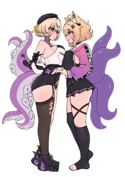 2girls ahoge animal_ears asymmetrical_docking bare_shoulders black_choker black_hat black_thighhighs blonde_hair blush breast_press breasts cat_ears choker commentary detached_sleeves english_commentary from_side hat high-waist_shorts highres holding_hands indie_virtual_youtuber large_breasts medium_breasts multicolored_hair multiple_girls pleated_skirt purple_eyes purple_hair red_eyes second-party_source short_hair shorts shrug_(clothing) shyrei_faolan single_thighhigh skirt streaked_hair tentacle_tail thighhighs toeless_legwear two-tone_hair virtual_youtuber white_background whomperfruit yidhari_murphy zenless_zone_zero