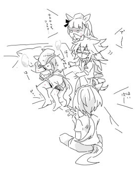 4girls animal_ears beanie bed_sheet beer_hsk blank_eyes bow chibi commentary_request ear_bow ear_covers ear_ribbon ears_through_headwear gold_ship_(umamusume) greyscale hair_between_eyes hat horse_ears horse_girl horse_tail jacket kin'iro_ryotei_(umamusume) long_hair mini_hat monochrome multiple_girls nakayama_festa_(umamusume) o_o open_clothes open_jacket orfevre_(old_design)_(umamusume) pillow shirt short_sleeves shorts simple_background sitting tail track_jacket translation_request turn_pale umamusume very_long_hair white_background